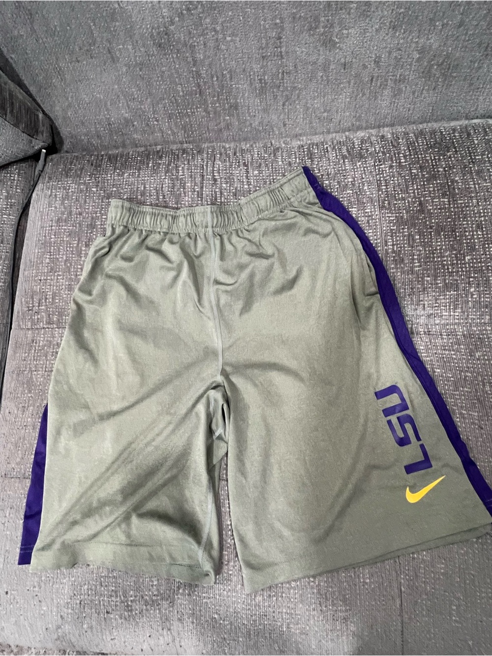 LSU Nike Olive Athletic Shorts with Purple Trim and Yellow Swoosh